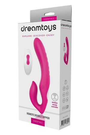 Ярко-розовый безремневой страпон Remote Double Dipper - 22 см.